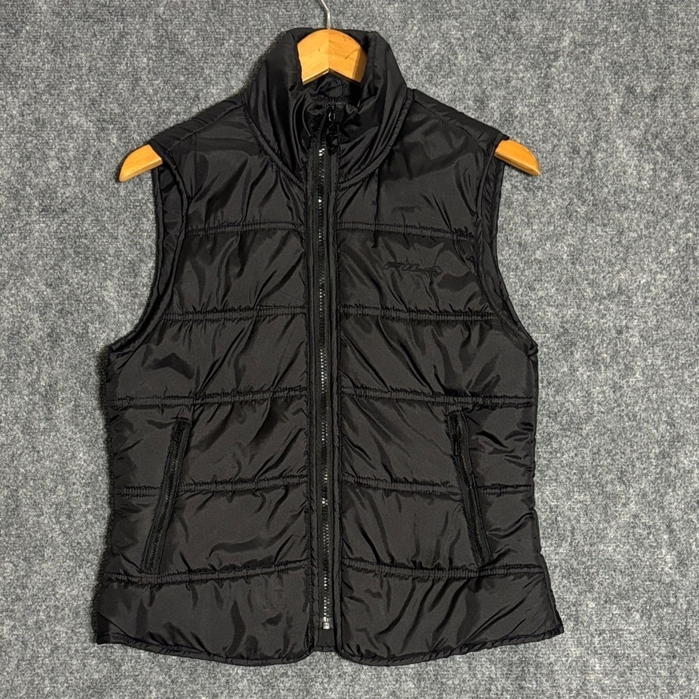 Fila Women’s Black Puffer Vest Size L | Quilted Zip Front Logo Detail